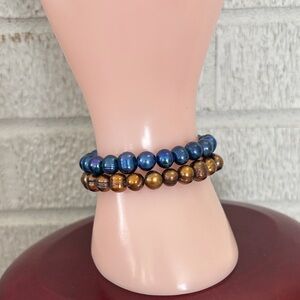 Set of 2 Genuine 8mm Steel Blue & Bronze Dyed Pearl Stretch Bracelets 6.5"-7.5"
